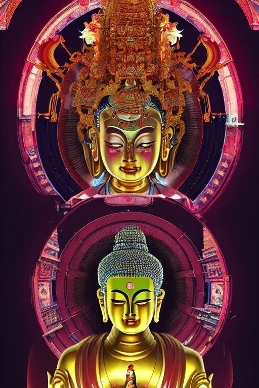 Prompt: a epic sakyamuni, the founder of buddhism in cyberpunk style temple, ghost, gorgeous and huge head ornaments, mecha, portrait of a big crystal face made of crystals, ominous, intricate, studio, art by anthony macbain + greg rutkowski + alphonse mucha, concept art, 4 k, sharp focus