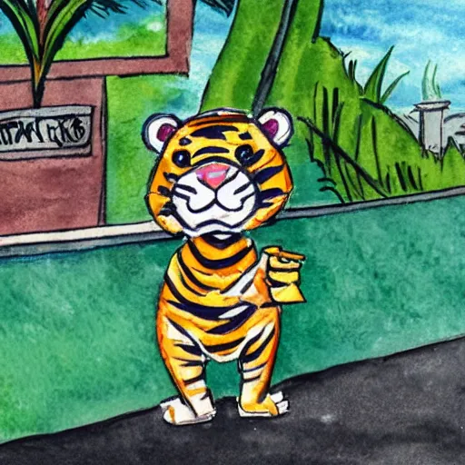 Image similar to a tiger wearing a hawaii shirt drinking a beer at an outdoor bar in stockholm, children\'s book watercolor drawing