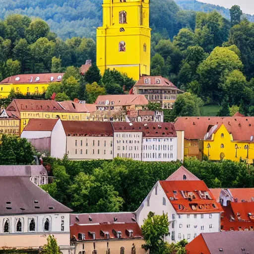 Prompt: a large yellow building with a steeple on top of it, on a hill, a flemish baroque by karl stauffer - bern, unsplash, heidelberg school, panorama, wimmelbilder, romanesque, danube school, pixabay contest winner