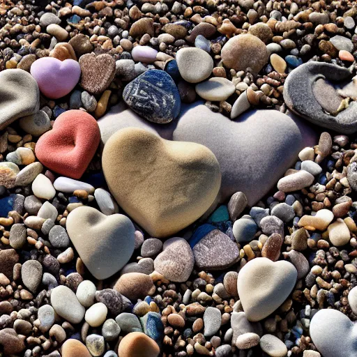 Prompt: A beach of heart shaped pebbles, award winning photography. 4K.