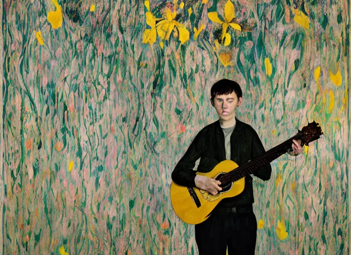 Prompt: portrait of nervous boy with in a room with an acoustic guitar standing next, wall paper field of lily's, hernan bas and pat steir and hilma af klint, psychological, photorealistic, dripping paint, washy brush, rendered in octane, altermodern, masterpiece