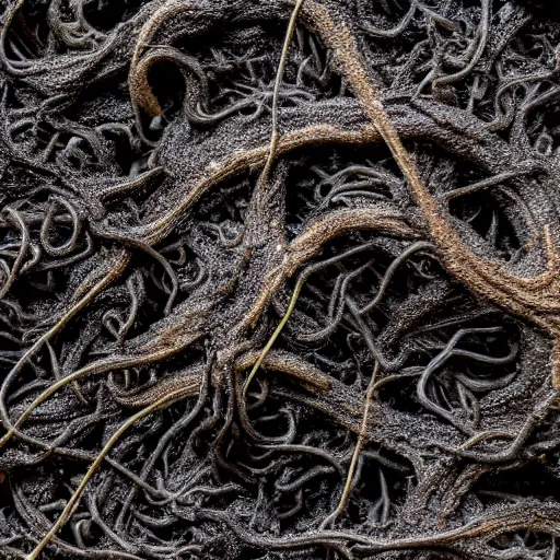 Prompt: photograph of a pitch black, tar - like fungus with lots of tendrils spreading everywhere, intricate detail, goopy, deep black roots, infestation