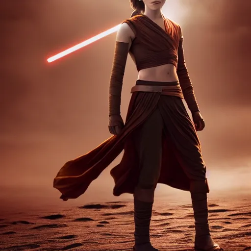 Prompt: Emma Watson modeling as Rey in Star Wars, (EOS 5DS R, ISO100, f/8, 1/125, 84mm, postprocessed, crisp face, facial features)