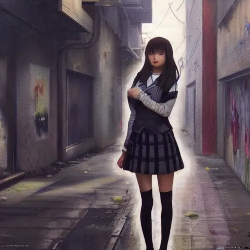 Image similar to a perfect, surrealistic professional oil painting of a Japanese schoolgirl posing in a dystopian alleyway, style of Marvel, full length, by a professional American senior artist on ArtStation, a high-quality hollywood-style concept