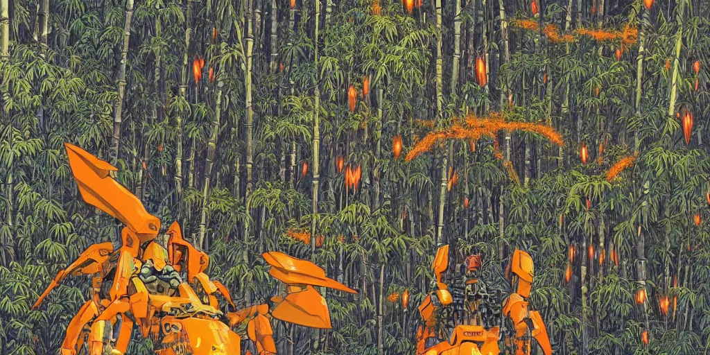 Prompt: grainy risograph matte painting of gigantic huge evangelion - like yellow mech covered with wounds, blue, exotic orange vegetation, orange trees, orange flowers, tall bamboo grass, pastel matte colors, staying in the foggy huge swamp covered with web and cotton, fireflies, by moebius, kim jung gi, hyperrealism
