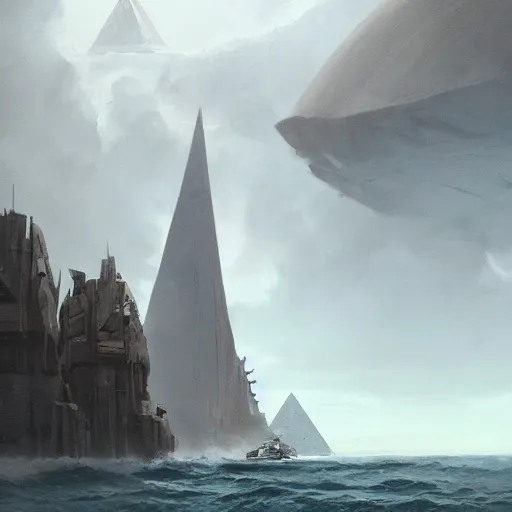 Image similar to star wars concept art by greg rutkowski, a palatial and imposing tall god humanoid back view of pyramid tech tower emerging from the sea in the middle of a ocean landscape, enigmatic atmosphere, beautiful and cinematic lighting, artstation hq.