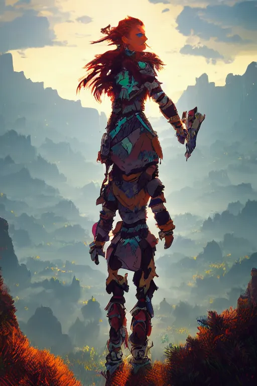 Image similar to combination suit armor aloy horizon forbidden west horizon zero dawn radiating a glowing aura global illumination ray tracing hdr fanart arstation by ian pesty and alena aenami artworks in 4 k tribal robot ninja mask helmet backpack