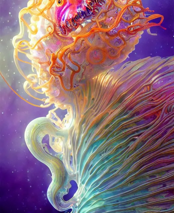 Image similar to intricate colorful transparent portrait of a terrifying beautiful alien sea slug creature, mottled coloring, adorable, childlike, biopunk environment, ultra realistic, concept art, art nouveau, photorealistic, octane render, 8 k, unreal engine. art by christopher marley and artgerm and greg rutkowski and alphonse mucha