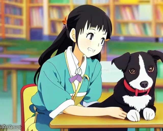 Prompt: anime fine details portrait of joyful girl with her dog in school class, bokeh. anime masterpiece by Studio Ghibli. 8k, sharp high quality anime from 2000 in style of Hayao Miyazaki