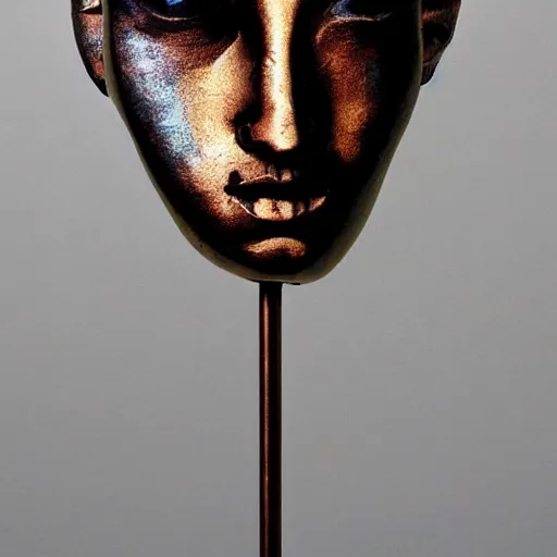 Image similar to The installation art is an abstract portrait of a woman. The woman's face is divided into two halves, one half is black and the other is white. The woman's eyes are large and staring. The installation art is full of energy and movement. copper, patina by Yoshitaka Amano dull