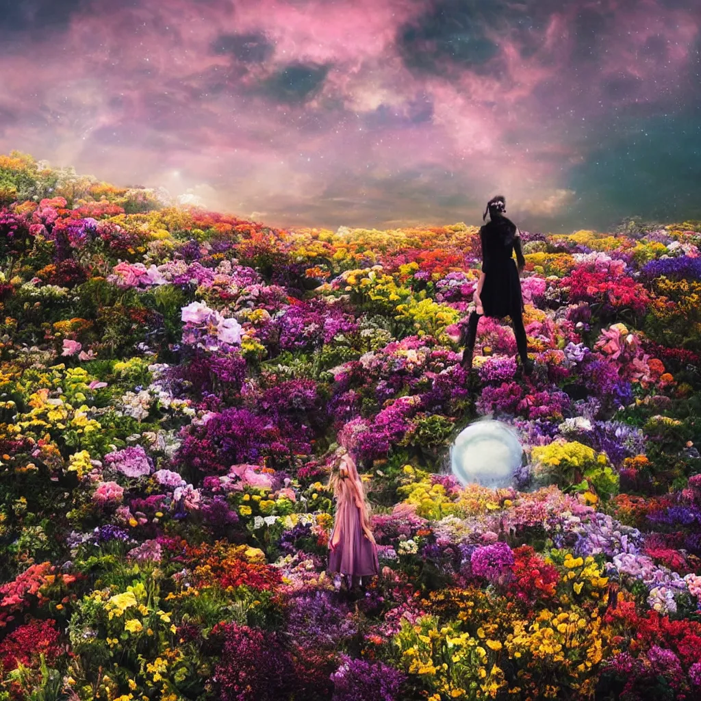 Image similar to a planet of various flowers, fungus and plants, in which the human figure is dressed in something magical and impressive, inside the picture is infinity, sunset light, Atmospheric phenomenon, artistic photography, muted colors, conceptual, long exposure outside the city