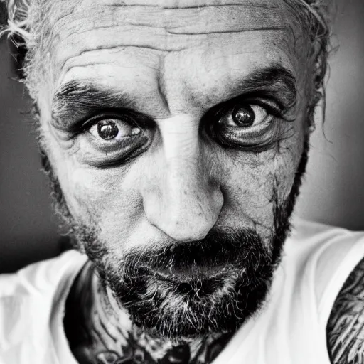 Image similar to black and white press photograph, highly detailed portrait of a depressed old tattooed drug dealer laying in bed, detailed face looking into camera, eye contact, natural light, mist, fashion photography, film grain, soft vignette, sigma 85mm f/1.4 1/10 sec shutter, Darren Aronofsky film still promotional image, IMAX 70mm footage