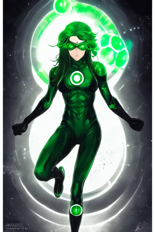 Image similar to anime key visual of a beautiful young female green lantern!! intricate, green and black suit, glowing, powers, dc comics, cinematic, stunning, highly detailed, digital painting, artstation, smooth, hard focus, illustration, art by artgerm and greg rutkowski and alphonse mucha