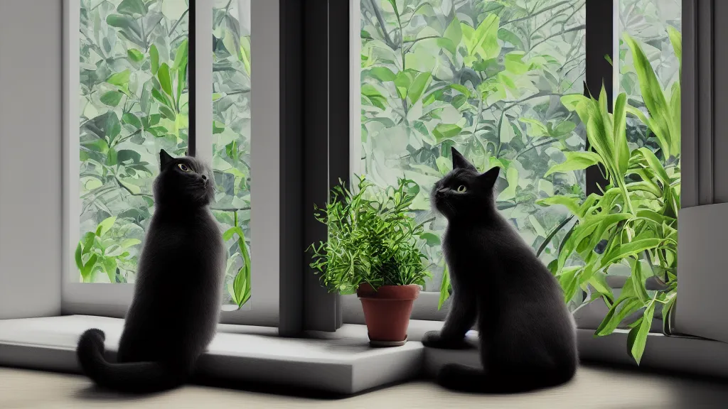 Prompt: peaceful dreamy painting of a content black cat sitting by a window and looking outside, sunshine coming through the window, small plants on the window sill, 8k, hyper realism, trending on artstation, octane render, oil painting