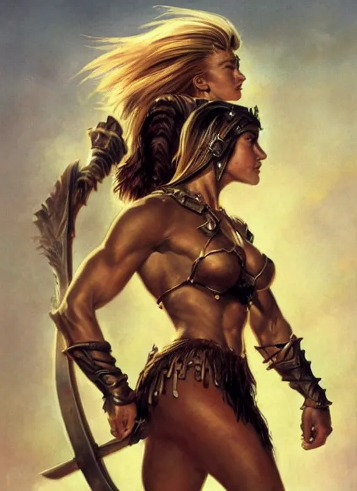 Image similar to a stunning medium shot portrait of julianne hough as a barbarian warrior, digital art by frank frazetta and boris vallejo and julie bell and moebius, highly detailed, trending on artstation, hq