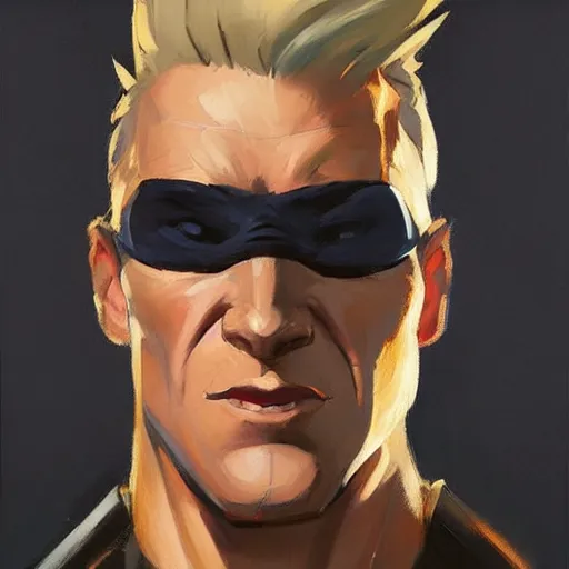 Prompt: greg manchess portrait painting of guile from street fighter as overwatch character, medium shot, asymmetrical, profile picture, organic painting, sunny day, matte painting, bold shapes, hard edges, street art, trending on artstation, by phil hale and gil elvgren and gerald brom
