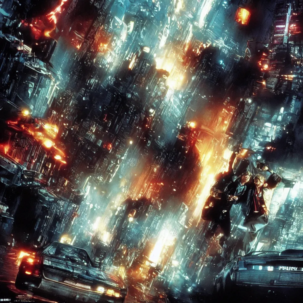 Image similar to back to future marty mcfly near predator in a city like blade runner