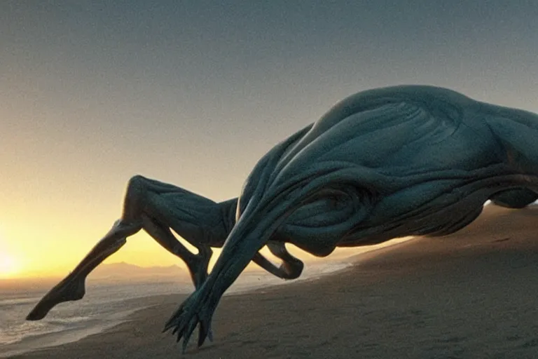 Prompt: cinematography of giant alien on Santa Monica peer By Emmanuel Lubezki