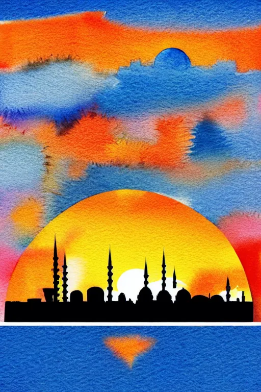 Image similar to minimalist watercolor art of istanbul skyline at sunset, illustration, vector art