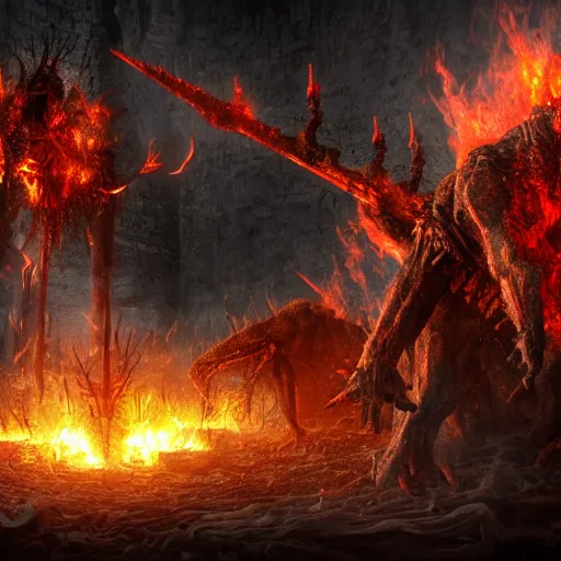 Image similar to extreme long shot of a hell with people suffering, monsters, in full combat, all stand at attention beneath the death presiding over them, 8 k, unreal 5, octane render, majestic, superb, cinematic, dramatic, hyperrealistic, ultra detailed, award winning, breathtaking, groundbreaking, special effects, cgi art, volumetric lighting, photoshopped, intricate digital art