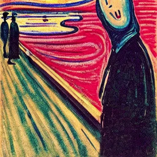 Prompt: edvard munch's painting the scream, but the man has pink face, large snout and looks like peppa pig