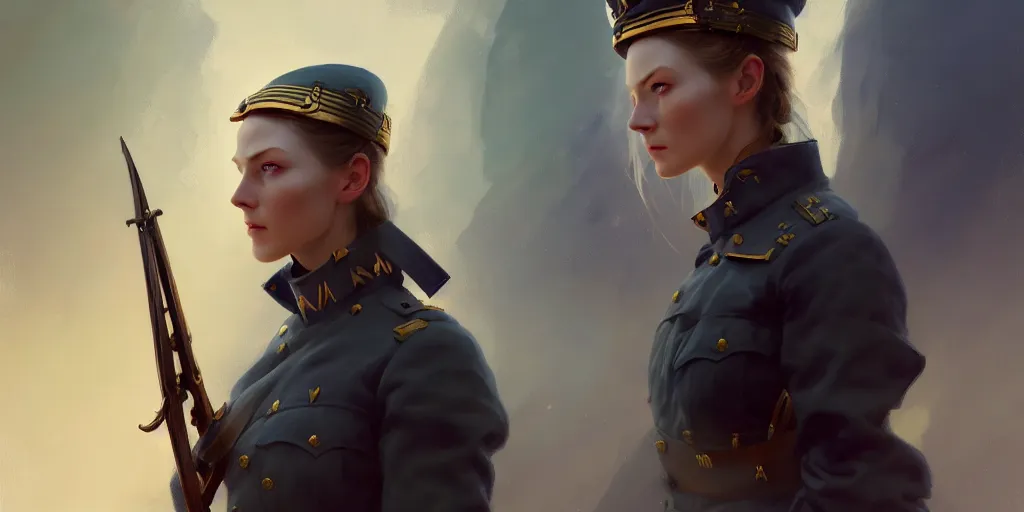 Image similar to a beautiful nordic woman, blue eyes, wearing a world war 1 uniform, extremely detailed digital painting, in the style of fenghua zhong and ruan jia and jeremy lipking and peter mohrbacher, mystical colors, rim light, beautiful lighting, 8 k, stunning scene, raytracing, octane, trending on artstation