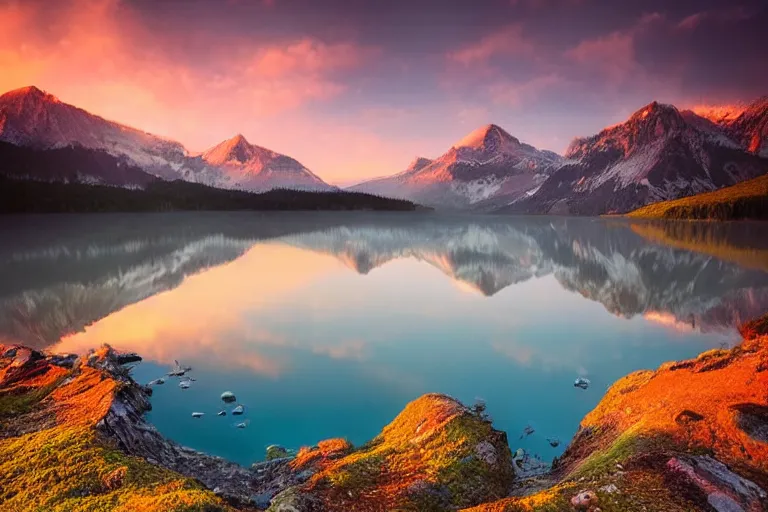 Image similar to amazing landscape photo of mountains with lake in sunset by marc adamus, beautiful dramatic lighting