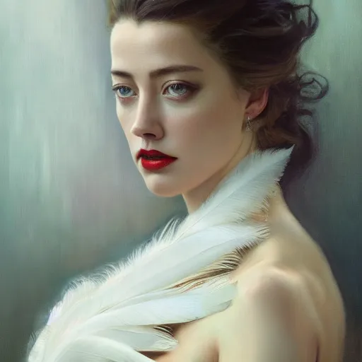 Prompt: hyperrealistic portrait of a woman as amber heard touching neck noir white swan dress wearing sapphire jewellery with long feather collar by jeremy mann and alphonse mucha, fantasy art, photo realistic, dynamic lighting, artstation, poster, volumetric lighting, very detailed faces, 4 k, award winning