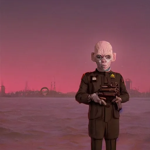 Prompt: unsettling, noble rubbery albino mutant with thin lips, huge eyes and suspicious expression, wearing science fiction police uniform by docks at sunset, by deak ferrand, wayne barlowe, simon stalenhag, and greg rutkowski