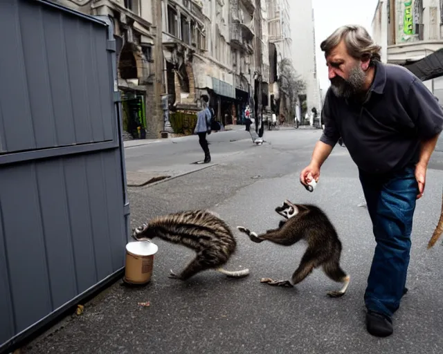 Image similar to slavoj zizek battling with a racoon for food in a trash container in the street