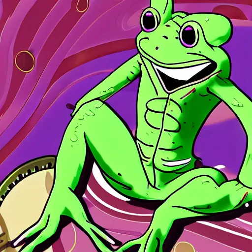 Prompt: yoshikage kira as a frog reverting time, 8 k, trippy, cosmic, time, stand