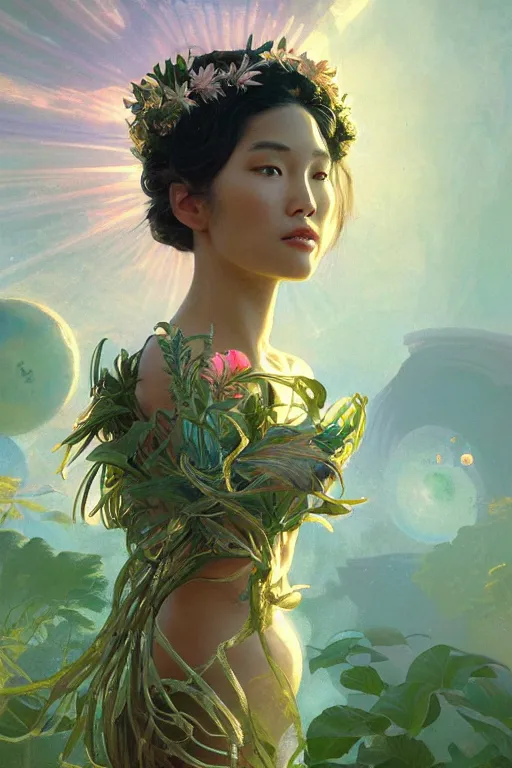 Image similar to portrait of Celestial Hawaiian Goddess as a futuristic princess, inside future fighter, sci-fi, fantasy, intricate, lush garden spaceship, elegant, human anatomy, royal green and nature light, highly detailed, digital painting, artstation, concept art, smooth, sharp focus, illustration, art by tian zi and WLOP and alphonse mucha