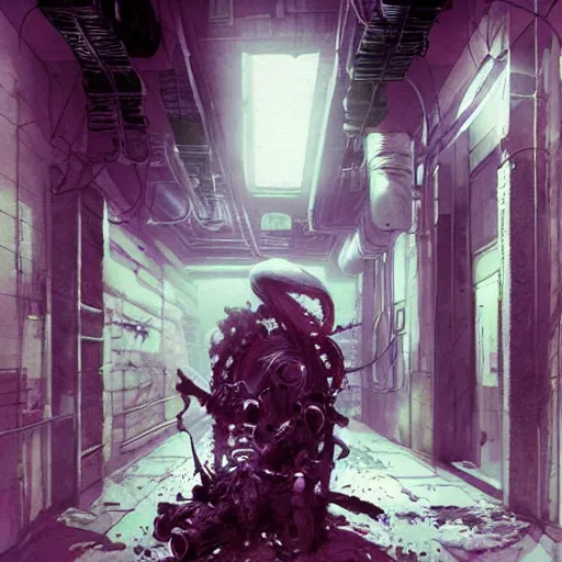 Image similar to Octopus in a hallway, cyberpunk, realistic, detailed, Industrial Scifi, paint, watercolor, in the style of Ashley Wood and Wadim Kashin