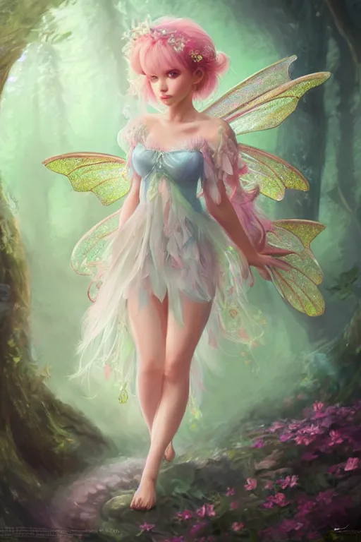 Image similar to a cute fairy in the dreamy forest, fantasy, 8 k resolution, hyper detailed, d & d, character design, digital painting, trending on artstation, sharp focus, illustration, art by artgerm, steve zheng, fuji choko, viktoria gavrilenko, hoang lap