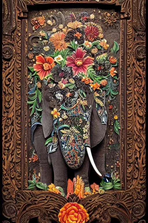 Prompt: Painted dark-wood panel relief carving of a Flowerpunk Matriarch Elephant, ornate border frame, explosion of colorful flowers, dark wood, intricately carved, black ink, festival of rich colors, intricate details, cinematic lighting, volumetric lighting, post-processing, by andreas rocha and john howe, and Martin Johnson Heade, featured on artstation, featured on behance, golden ratio, hyper detailed, photorealistic, epic composition, center spotlight, f32, well composed, UE5, 8k