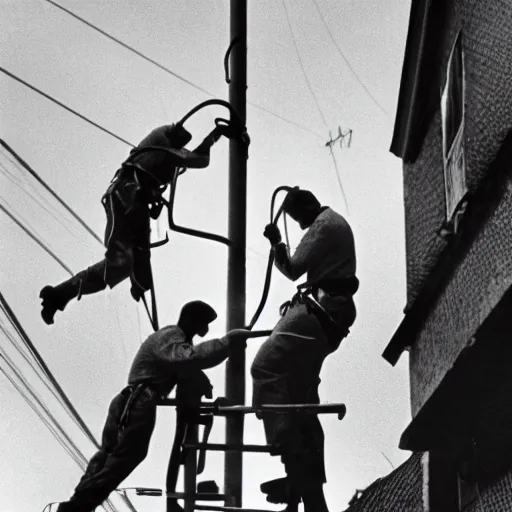 Prompt: A dramatic photo of a an electrician receiving CPR on top of a electric pole after being electrocuted (1967). Two electricians are wearing harnesses. Black and White