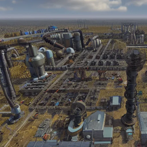 Image similar to realistic factorio, 4K HD city photography, aerial view, steampunk