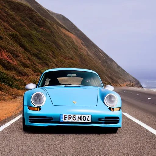 Prompt: an action photograph of a singer porsche driving along the pacific coast highway, ocean in the background, 8 k,