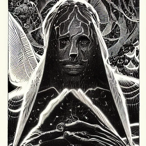 Prompt: a guy, moths on face, by virgil finlay, by kilian eng,