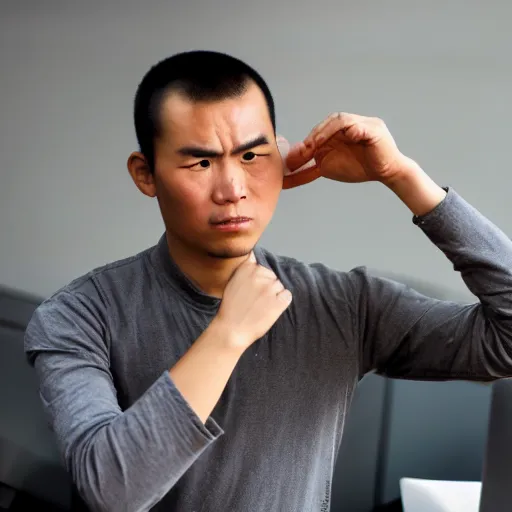 Prompt: a shaolin monk working in an office, stressed, programming, head in hands, professional environment, office photo