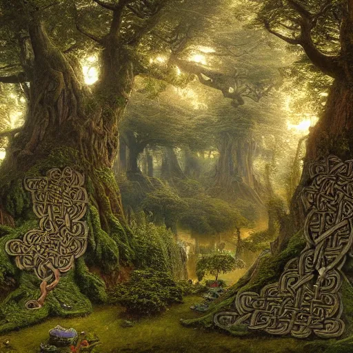 Prompt: a beautiful and highly detailed matte painting of a giant tree in a magical garden in lush forest in the valley of dreams, celtic knots, intricate details, epic scale, insanely complex, 8 k, sharp focus, hyperrealism, very realistic, by caspar friedrich, james gurney, brian froud,