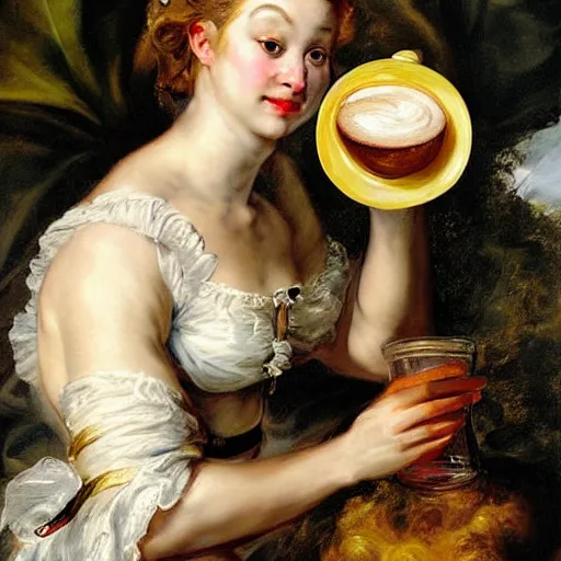 Image similar to heavenly summer sharp land sphere scallop well dressed lady drinking a starbuck latte, auslese, by peter paul rubens and eugene delacroix and karol bak, hyperrealism, digital illustration, fauvist