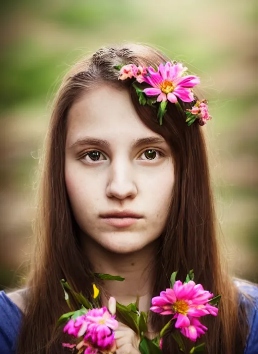 Prompt: portrait of a 2 0 year old woman, symmetrical face, flowers in her hair, she has the beautiful calm face of her mother, slightly smiling, ambient light