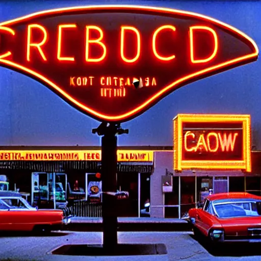 Prompt: color kodachrome photograph of an american city street in 1 9 6 6. neon sign, americana, parked cars, cinema, fire hydrant