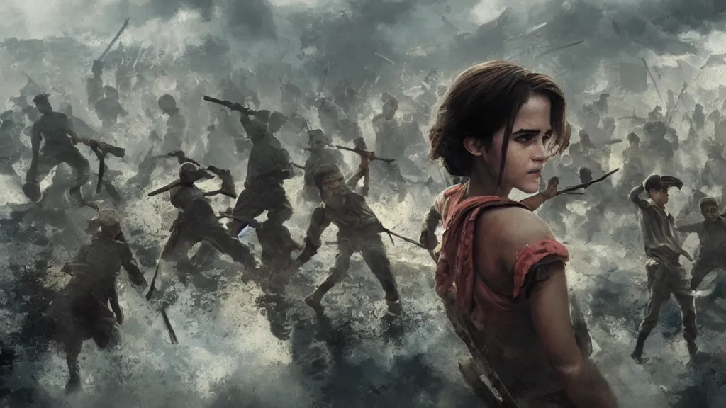 Image similar to A shot from a Films about the Indonesian National Revolution starring emma watson by nuri iyem, james gurney, james jean, greg rutkowski, anato finnstark