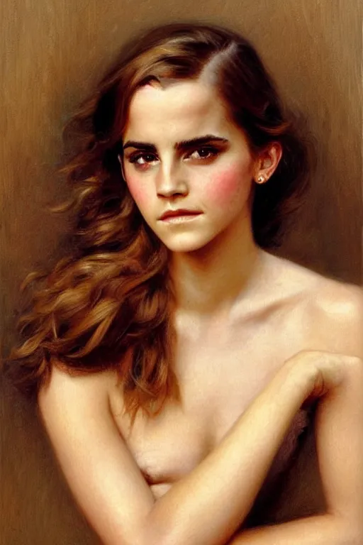 Prompt: detailed portrait of a beautiful emma watson 1 9 8 0 s hairstyle muscular, painting by gaston bussiere, craig mullins, j. c. leyendecker