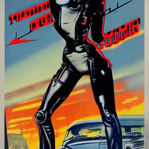 Prompt: Terminator pin-up poster 1953