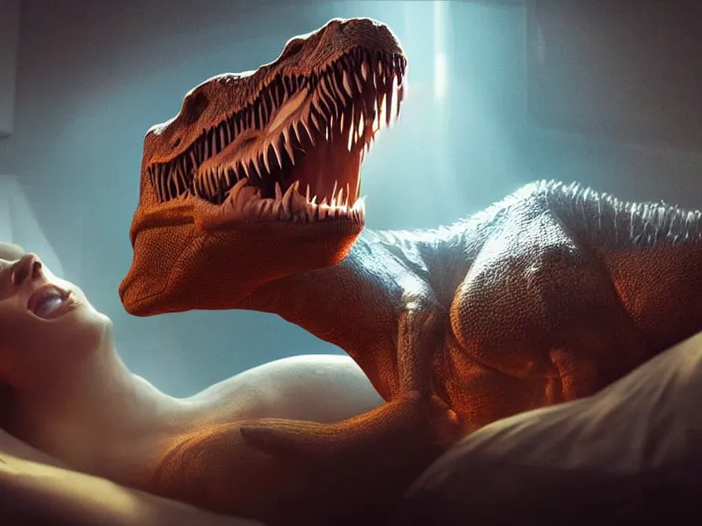 Prompt: sleeping!!!!! t - rex in bed!!!!!, ultra realistic, lens flare, atmosphere, glow, detailed, intricate, full of colour, cinematic lighting, trending on artstation, 4 k, hyperrealistic, focused, extreme details, unreal engine 5, cinematic, masterpiece