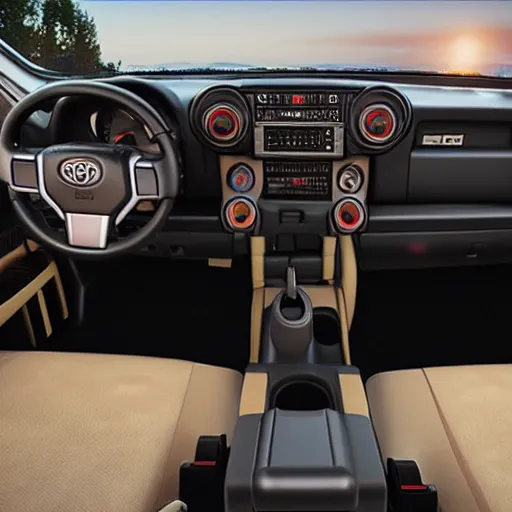 Prompt: cassette futurism Toyota tacoma interior, photo realistic