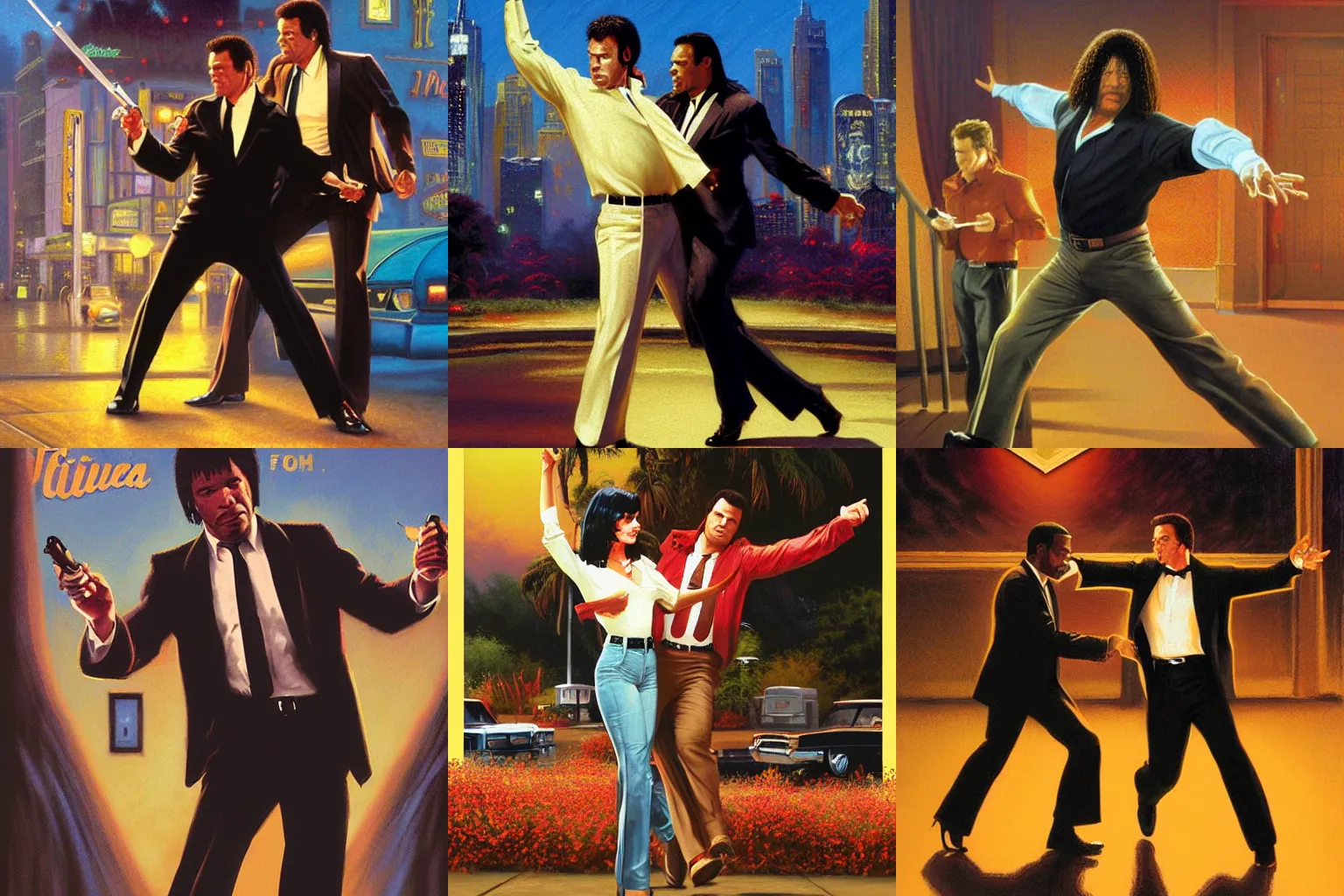 Prompt: Pulp Fiction poster artwork by Michael Whelan Rendering of John Travolta dancing, full of details by thomas kinkade, Matte painting, trending on artstation